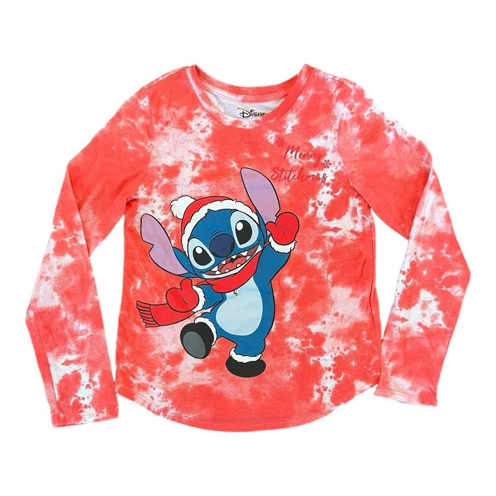 Disney Stitchmas Long Sleeve Graphic Tee Red White Tie Dye Youth Size L